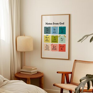 "Notes from God" printable artwork for bedroom — cheerful sticky notes with faith-filled messages designed to inspire and uplift.