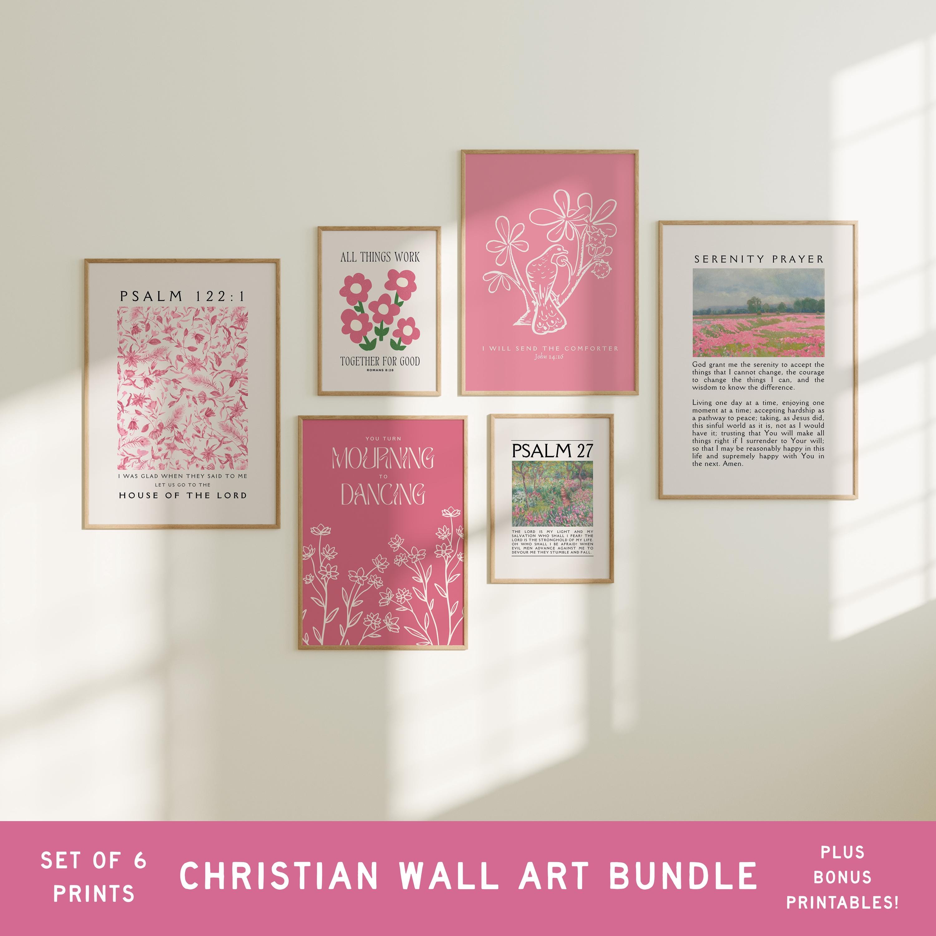 Christian Wall Art Bundle in Pink, Gallery Wall Set Colorful, Vintage Prints, Printable Wall Art, Bible Verse Wall Art, Christian Merch Gift