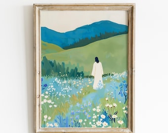 Jesus in Wildflower Field Art Print: Christian Pastoral Landscape (Digital Download)