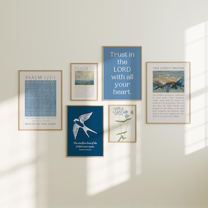 Christian Wall Art Bundle, Botanical Prints, Bible Verse Wall Art, Blue Wall Art, Trendy Apartment Decor Gift, Scripture Art, Jesus Art