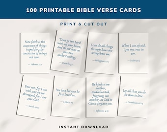 May include: A collection of 100 printable Bible verse cards. Each card features a different verse in a dark teal font on a white background. The cards are arranged in a grid, with the text "PRINT & CUT OUT" at the top and "INSTANT DOWNLOAD" at the bottom.