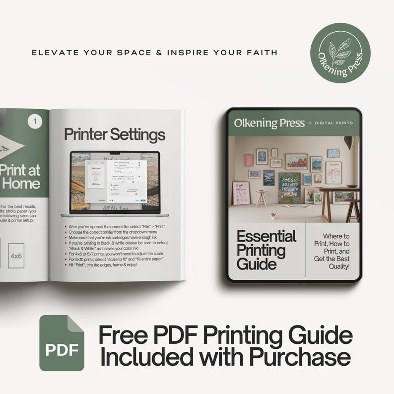 May include: A digital printable guide for printing at home. The guide includes tips on printer settings, paper selection, and scaling for different print sizes. The guide is titled "Essential Printing Guide" and includes the text "Where to Print, How to Print, and Get the Best Quality!"