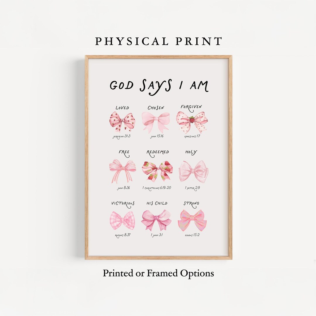 God Says I Am Wall Art Print, Christian Coquette Bow Decor, Pink Bible ...