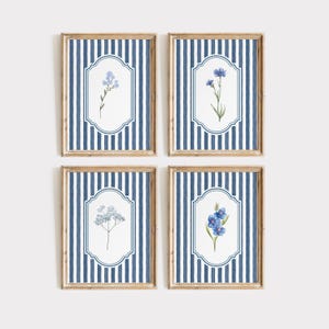 Set of 4 Blue Striped Botanical Wall Art Prints, Vintage-Inspired Floral Decor, Printable Art Cottagecore Aesthetic, Rustic Farmhouse Prints