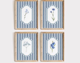 Blau gestreifte botanische Drucke: Vintage Blumen Wandkunst (Digitaler Download)