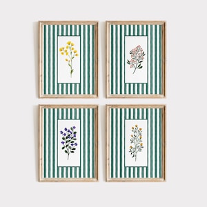 Set of 4 Green Striped Botanical Wall Art Prints, Rustic Cottagecore Floral Decor, Vintage-Inspired Farmhouse Artwork, Printable Wall Art