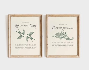 Christian Wall Art Set of 2, Botanical Scripture Prints, Green Bible Verse Decor, Inspirational Wall Decor, Printable Art Bundle 54
