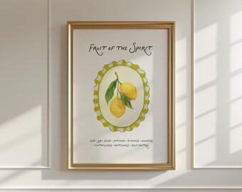 Arte de pared imprimible del Fruto del Espíritu / Impresión de las Escrituras sobre el Limón en Gálatas 5:22 / Decoración cristiana de cocina / Arte con versículos bíblicos para el hogar