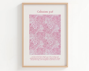 Colossians 3:16 Christian Wall Art | Pink Scripture Print with Vintage Floral Pattern for Faith Home Decor (Digital Download)