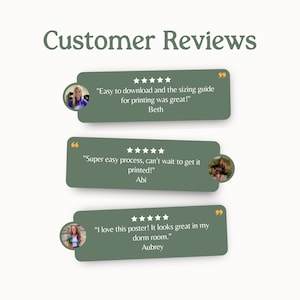 以下が含まれることがあります： 顧客レビューを表示するグラフィック。タイトル「Customer Reviews」は濃い緑色です。3つの緑色の吹き出しには、顧客の引用と星評価が含まれています。各引用は顧客に帰属しています。