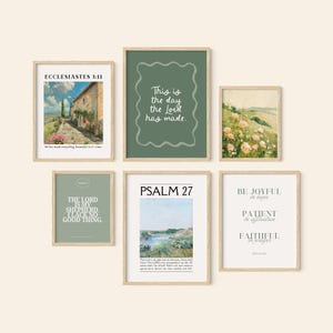 May include: A set of six framed art prints with inspirational quotes and landscape paintings. The prints feature various colors, including green, beige, and white, and are displayed against a cream-coloured background. The frames are a light wood colour.