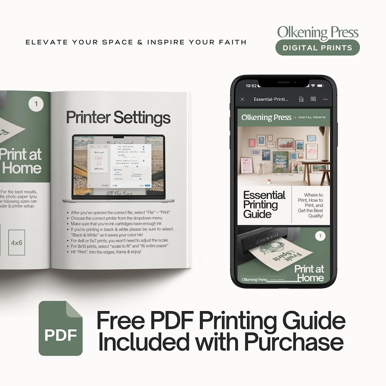 May include: A digital printable art guide with a phone screen showing a printable art design and the text "Print at Home". The guide includes instructions on how to print at home and get the best quality prints. The guide is free with purchase.