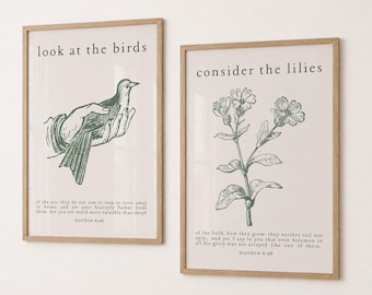 Matthew 6:26 Set of 2, Christian Wall Art, Bible Verse Posters, Sage Green Wall Art, Look At the Birds, Consider the Lilies