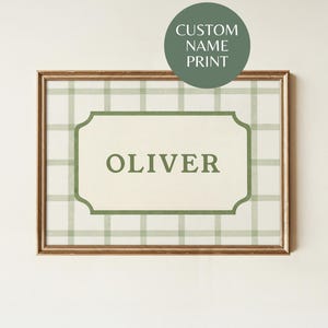 Custom Gingham Name Wall Art Print, Green Plaid Nursery Decor for Baby Boy, Personalized Baby Name Sign for Classic Preppy Nursery Room