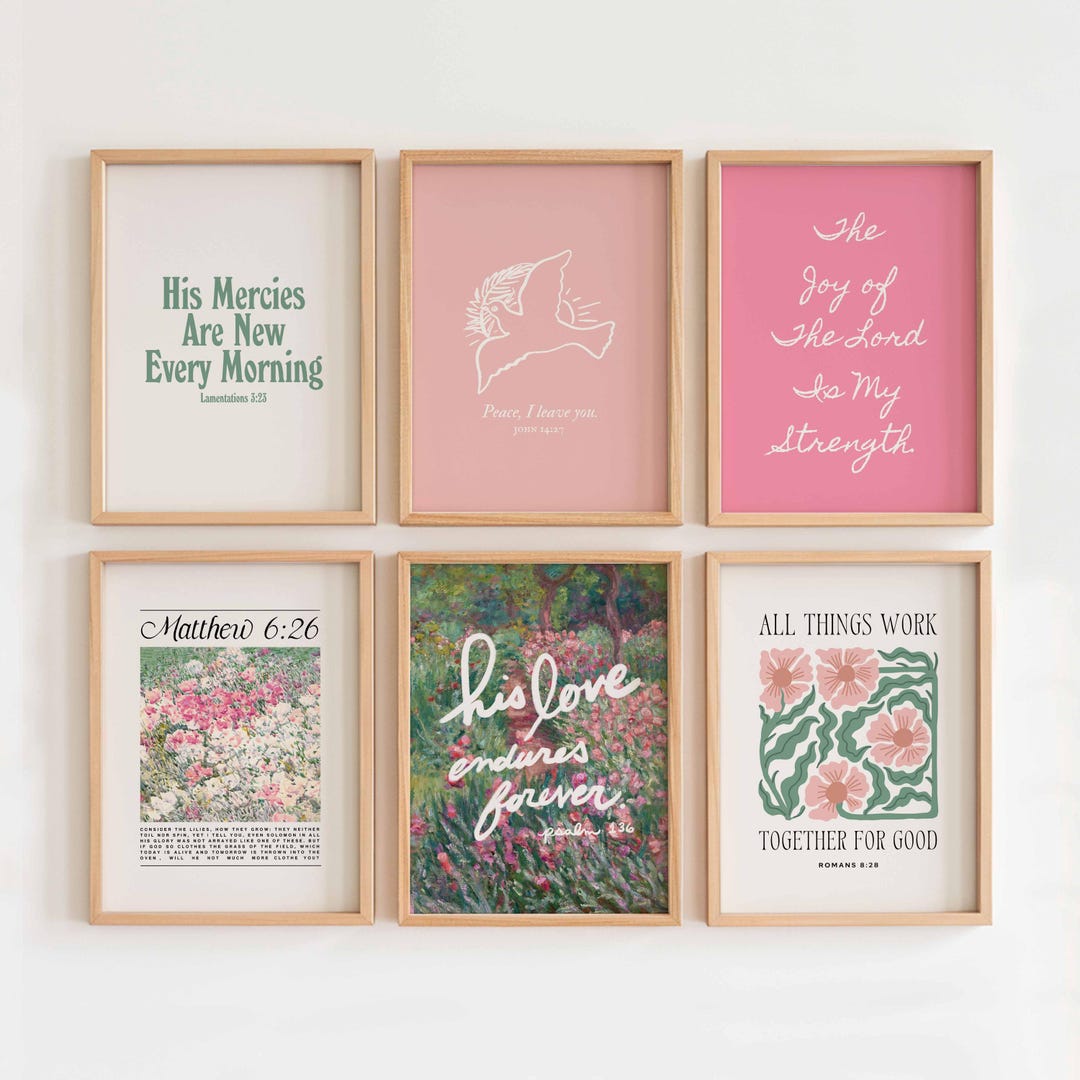 Christian Encouragement Wall Art Set of 6, Soft Pink Bible Verse Prints ...