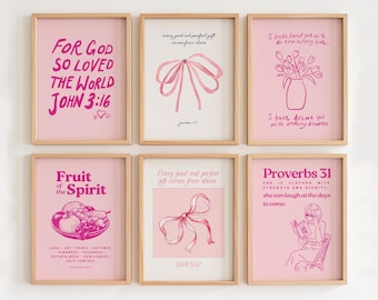 Pink Christian Gallery Wall Art Set of 6, Coquette Bible Verse Prints, Girly Faith Decor (Digital Download)