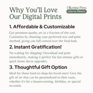 Op de afbeelding: Tekstafbeelding met de titel "Waarom je onze digitale prints geweldig zult vinden" en drie genummerde punten: 1. Betaalbaar & aanpasbaar, 2. Onmiddellijke voldoening! en 3. Gedachtevol cadeau-optie. De tekst beschrijft de voordelen van het kopen van digitale prints.
