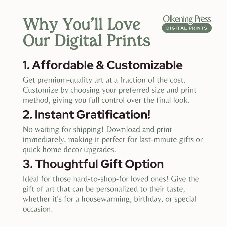 Op de afbeelding: Tekstafbeelding met de titel "Waarom je onze digitale prints geweldig zult vinden" en drie genummerde punten: 1. Betaalbaar & aanpasbaar, 2. Onmiddellijke voldoening! en 3. Gedachtevol cadeau-optie. De tekst beschrijft de voordelen van het kopen van digitale prints.