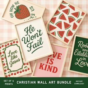 Christian Wall Art Bundle Set of 6 Prints - Bible Verse Posters for Dorm Room, Coquette Decor, Summer Fruit Printable Scripture Art Gift