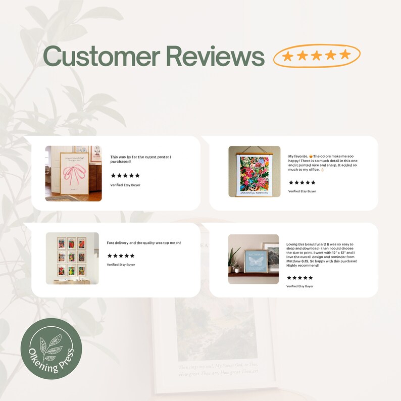 May include: Four customer reviews for printable art prints. The reviews include five stars and positive comments about the quality, delivery speed, and design of the prints. The reviews feature images of the prints.