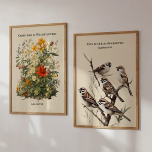 WILDFLOWERS & SPARROWS, Gallery Wall Set of 2, Vintage Bible Verse Wall Art, Digital Download, Christian Poster, Modern Christian Art, Gift