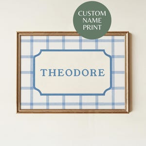 Custom Name Nursery Wall Art, Blue Gingham Plaid Baby Boy Name Print, Personalized Preppy Nursery Decor for Classic Boy Room
