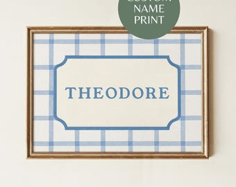 Blue Gingham Nursery Print: Custom Baby Name, Preppy Boy Room (Digital Download PNGs)