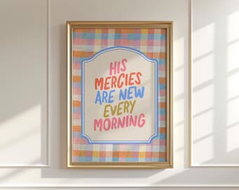 Christian Wall Art | His Mercies Are New Every Morning Wall Art | Pastel Gingham Bible Verse Print | Lamentations 3:23 | Christian Print