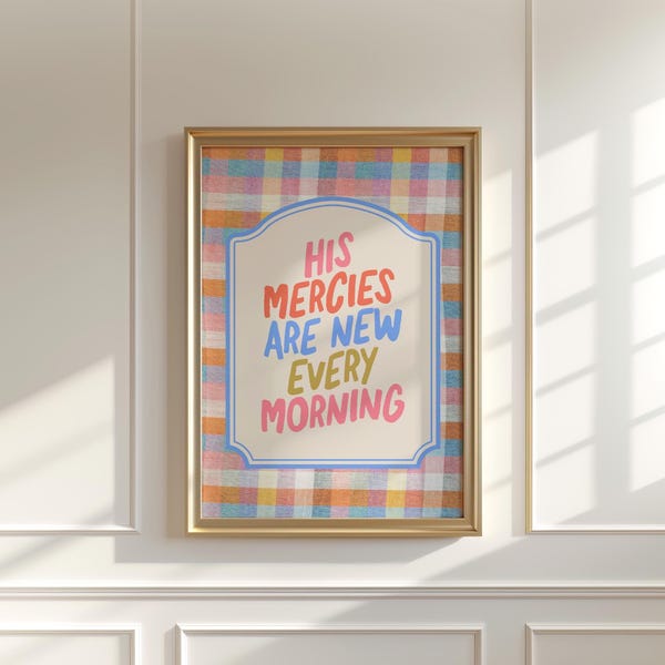 Christian Wall Art | His Mercies Are New Every Morning Wall Art | Pastel Gingham Bible Verse Print | Lamentations 3:23 | Christian Print