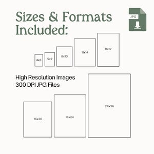 May include: A graphic showing different sizes of digital images available for download. The sizes are listed in inches, such as 4x6, 5x7, 8x10, 11x14, 11x17, 16x20, 18x24, and 24x36. The text "High Resolution Images 300 DPI JPG Files" is also included.
