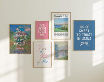 Pastel Christian Wall Art Set of 6 | Bible Verse Prints for Girls | Faith & Encouragement Bundle | Scripture Nursery Decor | Christian Print