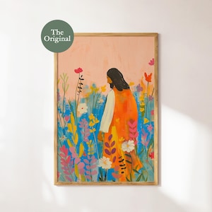 Jesús y las flores silvestres, arte cristiano moderno, versículo bíblico, arte mural, póster imprimible, pintura de acuarela, descarga digital, impresiones coloridas
