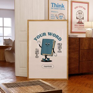 Puede incluir: Un p&oacute;ster beige con un personaje de libro de dibujos animados sosteniendo un libro. El libro es azul y tiene una cara sonriente. El texto en el p&oacute;ster dice "Your Word is a lamp unto my feet and a light unto my path. Psalm 119:105".