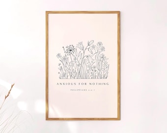 PHILIPPIANS 4, Anxious For Nothing, In Digital Download | Christian Aesthetic Wall Art, Modern Christian Art, Boho Wall Art, Line Art Print