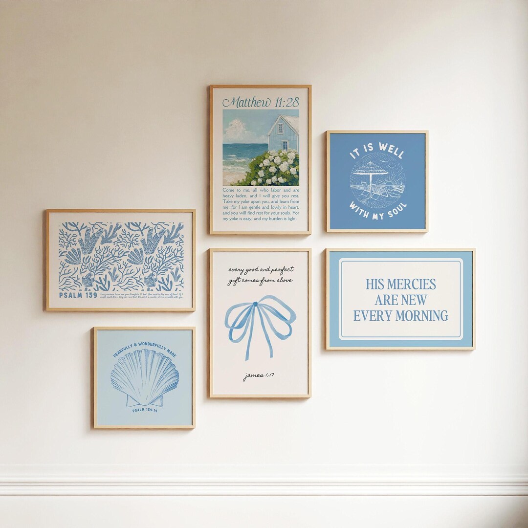 Coastal Christian Wall Art Set of 6 Printable Bible Verse Decor, Blue ...