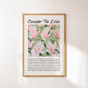 Consider the Lilies Print, Matthew 6 Bible Verse Wall Art, Christian Floral Poster, Sage Green Scripture Decor, Printable Faith Artwork