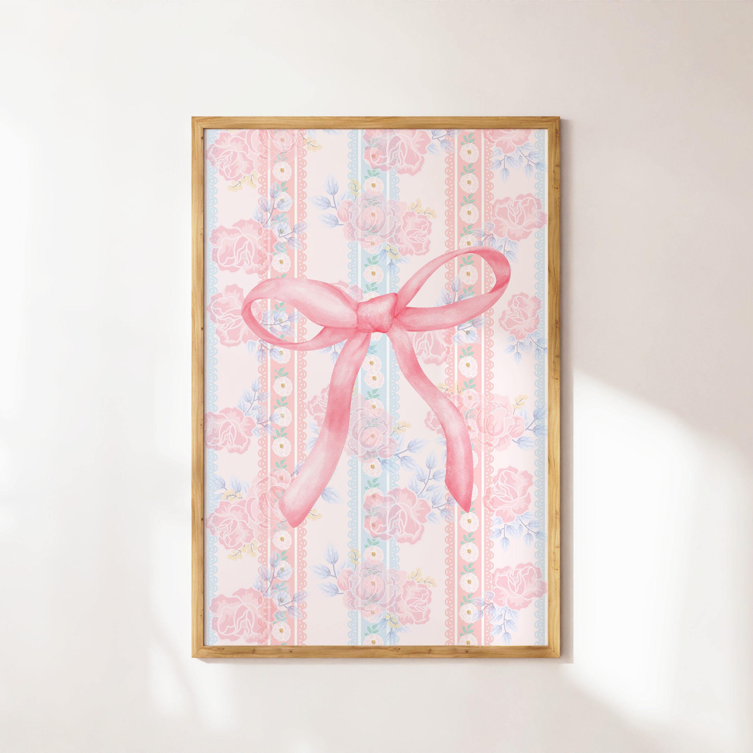 Coquette Room Decor, Pink Bow on Floral Wallpaper, Pink Girly Wall Art, Flower Pattern Print, Trendy Apartment Housewarming Gift