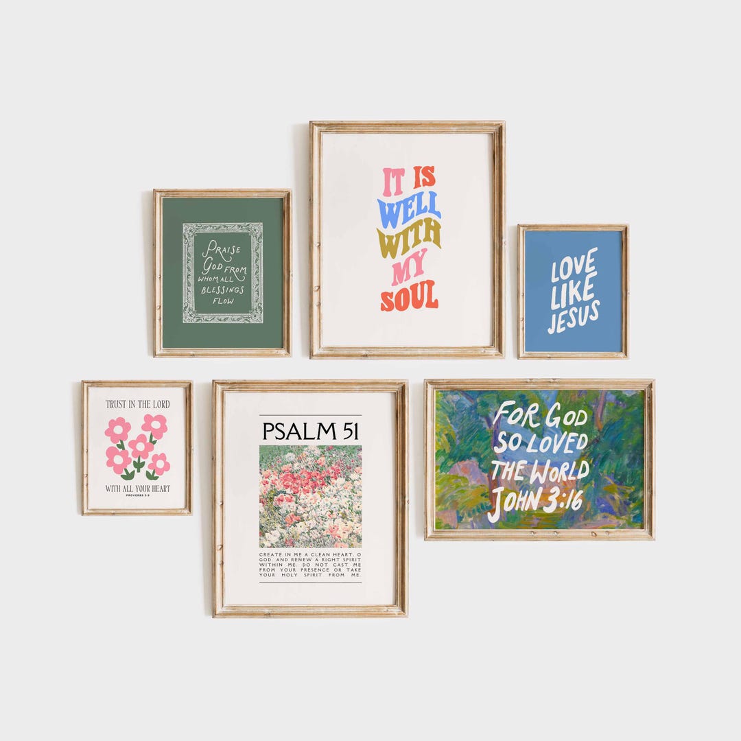 Christian Wall Art Set of 6, Bible Verse Gallery Wall Prints, Colorful ...
