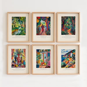 Puede incluir: Seis impresiones artísticas enmarcadas con coloridas pinturas de paisajes y naturalezas muertas. Cada impresión tiene un marco de madera clara y presenta una escena diferente, incluyendo un camino a través de un bosque, una persona caminando y una vista costera con un faro. Cada impresión tiene texto en la parte inferior.