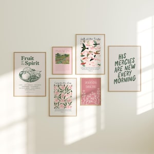 Pode incluir: Uma coleção de impressões de arte emolduradas com vários designs e texto. As impressões apresentam ilustrações botânicas, citações inspiradoras e temas religiosos. A paleta de cores inclui tons de rosa, verde e bege, criando uma exibição coesa e esteticamente agradável.