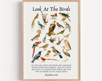 Look at the Birds Matthew 6:26 Print – Vintage Christian Wall Art, Bible Verse Bird Illustration, Scripture Decor, Faith Home Gift