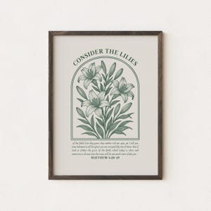 Consider the Lilies Matthew 6:28-29 | Vintage Botanical Christian Wall Art | Printable Bible Verse Decor | Trendy Apartment Decor Gift