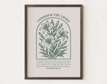 Botaniczna grafika chrześcijańska w stylu vintage: Werset biblijny „Rozważ lilie” (do pobrania w wersji cyfrowej)