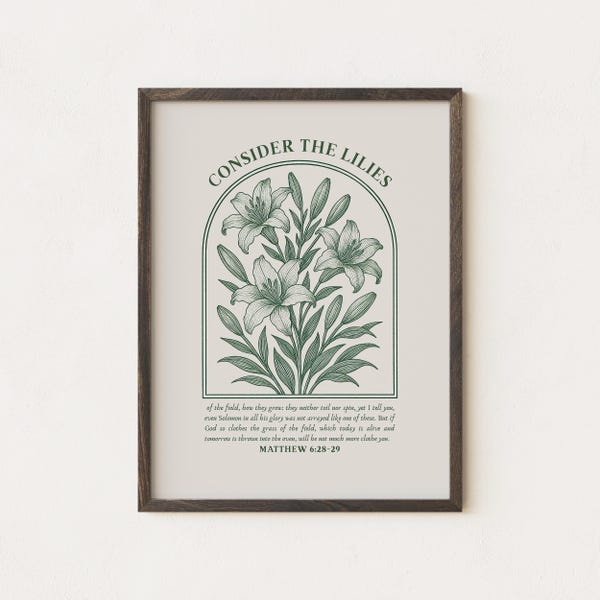 Stampa botanica cristiana d'epoca: Considera il versetto biblico dei gigli (download digitale)