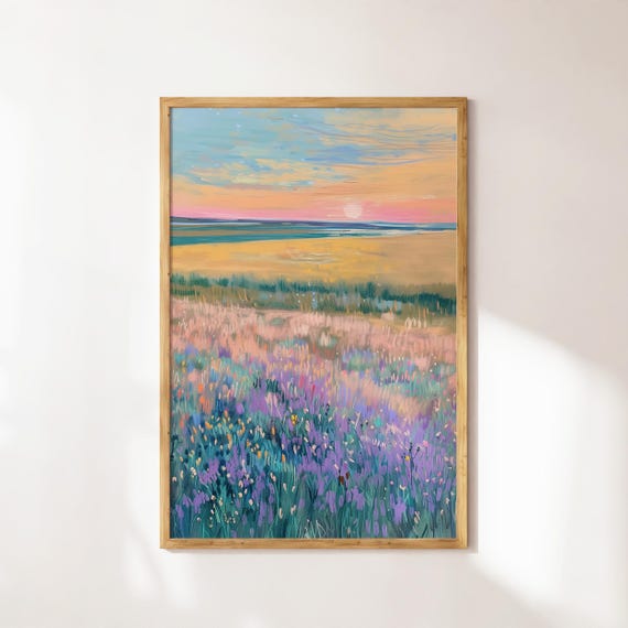 Purple Wildflower Field Painting: Landscape Mural Art (Digital Download)