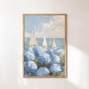 Sailboats Painting Printable, Coastal Wall Art, Blue Hydrangea Art, Trendy Dorm Decor, Nautical Digital Download