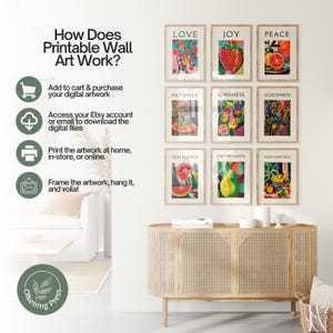 May include: A set of nine printable wall art prints featuring fruit illustrations with words like "Love", "Joy", "Peace", "Patience", "Kindness", "Goodness", "Gentleness", "Faithfulness", and "Self-Control".