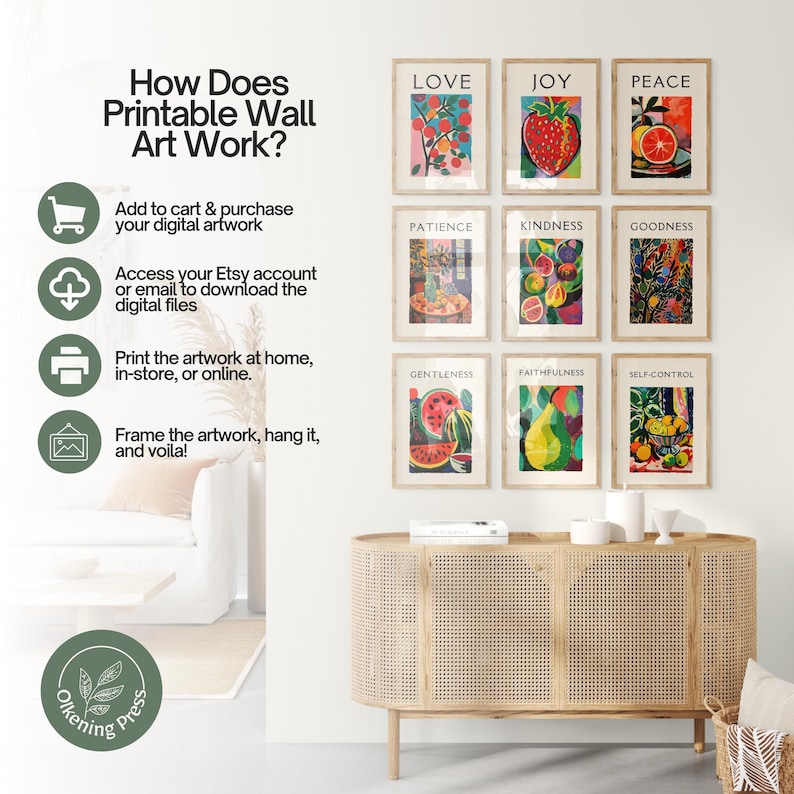 May include: A set of nine printable wall art prints featuring fruit illustrations with words like "Love", "Joy", "Peace", "Patience", "Kindness", "Goodness", "Gentleness", "Faithfulness", and "Self-Control".