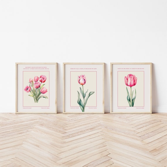 Pink Tulip Print Set: Christian Home Wall Decor (Digital Download)