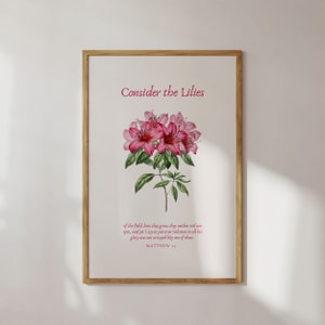 Considere los lirios vintage, cartel rosa cristiano, arte de pared imprimible, descarga digital, arte de pared del versículo bíblico, regalo cristiano, arte estético